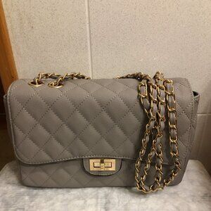 NWT Gray Quilted vegan leather flap bag with gold chain strap